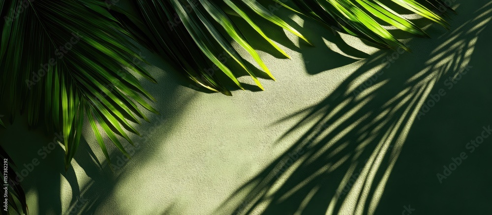 Poster tropical leaf shadows casting on green background with empty space for text or design elements