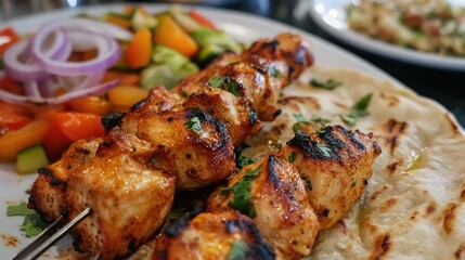 Savory Homemade Chicken Kebabs Served with Fresh Flatbread and Colorful Vegetables on a Rustic Plate