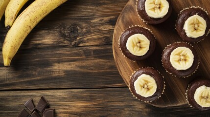 Homemade Chocolate Banana Muffins on Wooden Table with Fresh Bananas and Chocolate Pieces Natural Dessert Arrangement for Culinary Inspiration