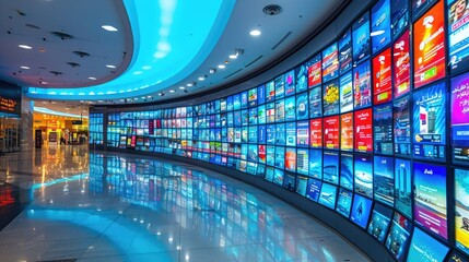 Curved digital display wall showcasing vibrant advertisements in a modern shopping mall hallway.