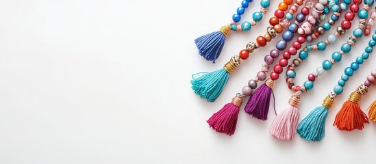 Colorful handmade bead necklaces with tassels arranged on a white surface for a fashion jewelry concept flat lay with space for text