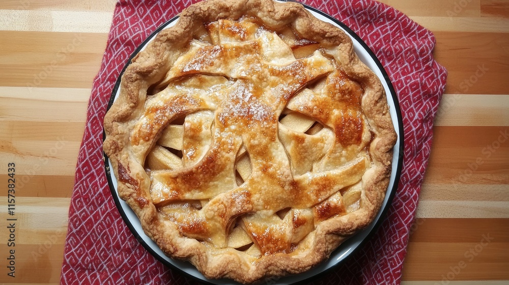 Aufkleber homemade apple pie on a rustic wooden table with a red kitchen cloth creating a cozy inviting atmosp