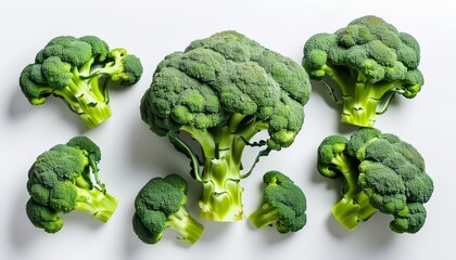 Fresh Broccoli Arrangement on White Background with Vibrant Green Color and  Hue