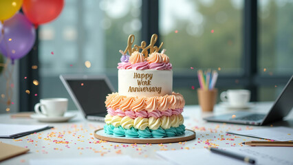 Office happy work anniversary cake in the table