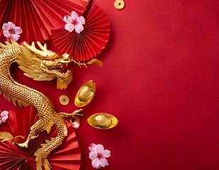 Obraz premium Honoring the essence of a traditional Chinese New Year. Top view shot of gold dragon, red paper fans, traditional coins, decorative items, sakura bloom on beige background with promo placement