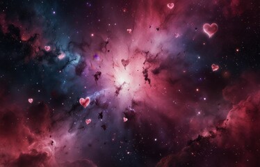 The cosmic nebula in pink colors. Valentine's Day banner concept, hearts, space of love