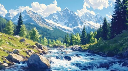 A mountain stream flows in a mountainous area surrounded by forests on a sunny day. Natural background. Illustration for cover, card, postcard, interior design, banner, poster, brochure, presentation.