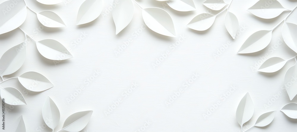 Poster elegant white paper leaves form a delicate border on a soft background, creating a minimalist and so