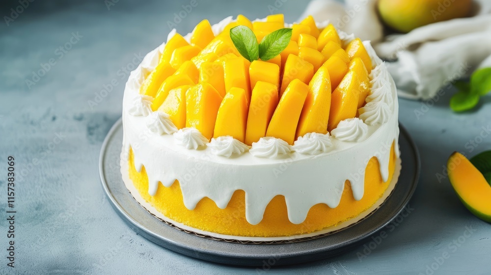 Poster homemade mango cake with fresh fruit topping on gray background vertical format with ample copy spac