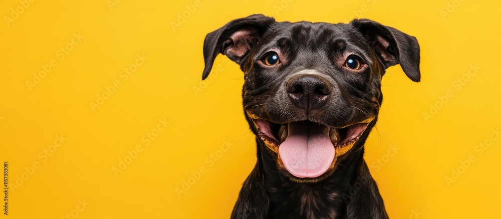 Aufkleber joyful mixed breed dog with playful expression against vibrant yellow background and ample space for