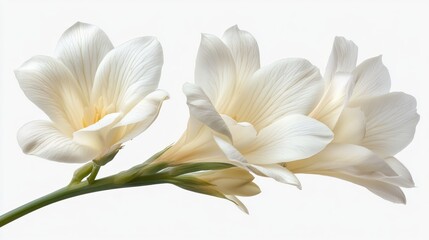 Obraz premium Two creamy white flowers on a stem against a white background.