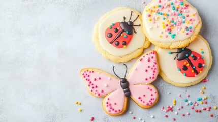 Homemade butterfly and ladybug sugar cookies decorated with colorful sprinkles on a light gray background.