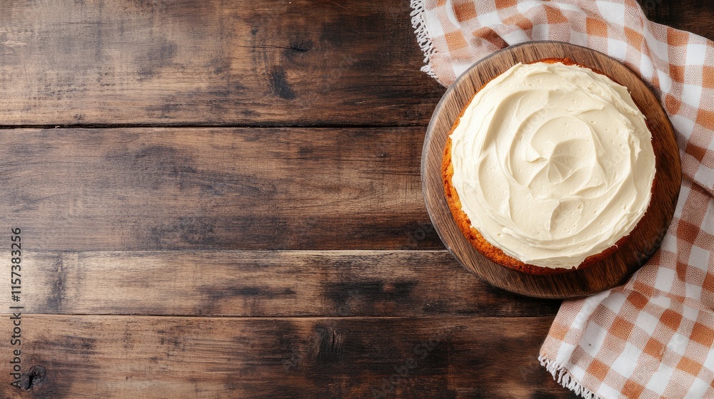 Poster homemade carrot cake with creamy frosting on a rustic wooden table with a checkered cloth in a verti