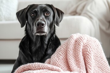 Dog-Themed Pregnancy Announcements. A black dog sits attentively beside a cozy pink blanket, with a soft, modern living room in the background.