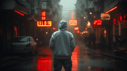 Hooded figure standing in a foggy, neon-lit city street at night.