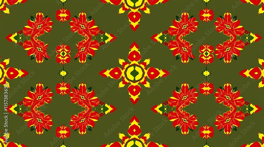 Poster intricate green and red geometric pattern: a captivating seamless pattern featuring a vibrant interp
