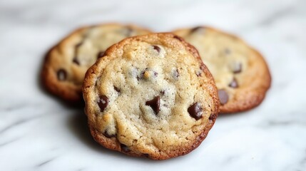Homemade chocolate chip cookies on marble surface showcasing delicious summer flavors and inviting texture for dessert lovers