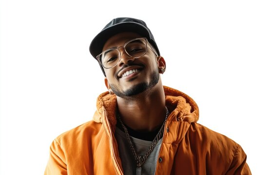 Cool rapper and smiling isolated on white background