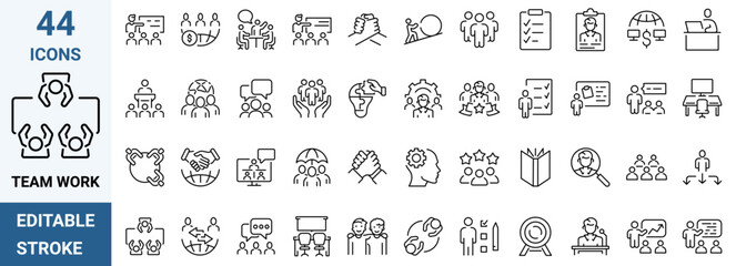Teamwork training line icons related team, co-workers, cooperation. Linear busines simple symbol collection. vector illustration. Editable stroke