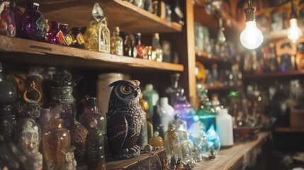 Obraz premium Magical owl healing shop filled with colorful potions mystical artifacts and warm ambient light creating an enchanting atmosphere