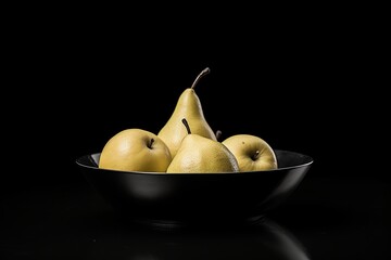 Vibrant round bowl filled with stylized apples, pears, and lemons against a dark background