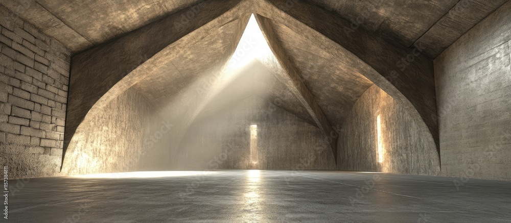 Poster expansive interior with high vaulted ceiling and soft light creates ideal blank space for text or de