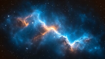 Fototapeta premium Cosmic nebula with blue and orange glowing gas clouds.