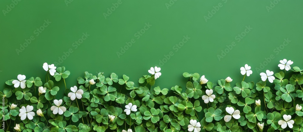Poster green background featuring white clover leaves with ample space for text display and decorative use