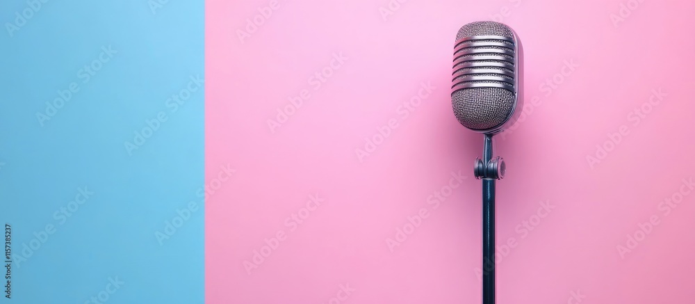Poster retro microphone positioned on a vibrant pink and blue background with ample negative space availabl
