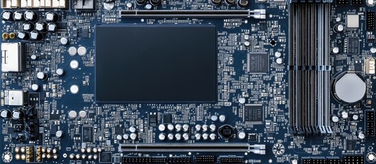 High resolution computer motherboard layout with empty space for text or branding in technology advertising and marketing materials