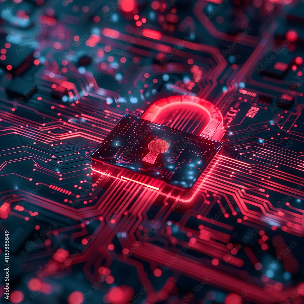 Poster a glowing red padlock icon rests atop a dark circuit board with illuminated pathways. represents dig