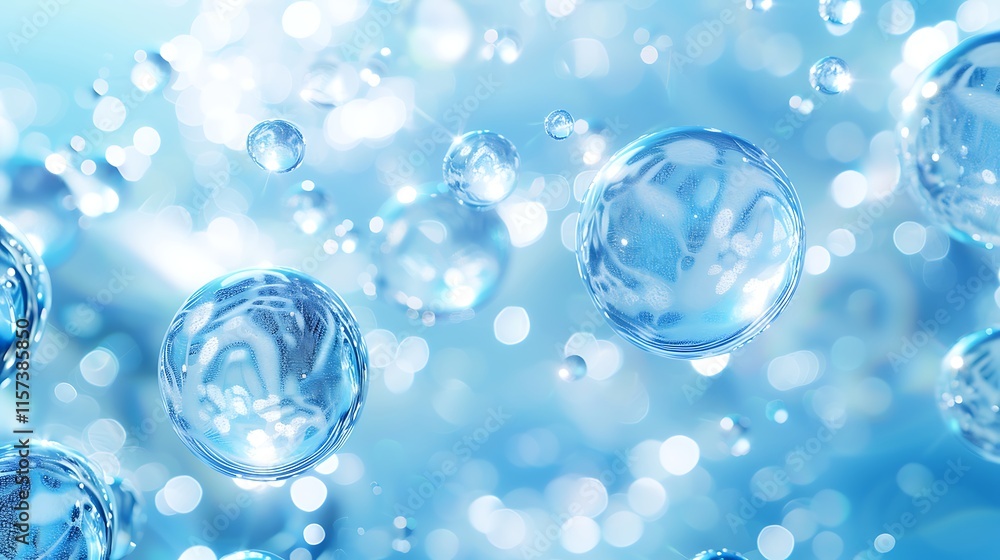 Poster clear water droplets float against a soft blue bokeh background, creating a refreshing and serene vi