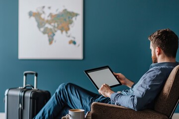 Remote Work and Mobility. A man relaxes in an armchair, using a tablet, with a suitcase nearby and a world map on the wall, suggesting travel and leisure.