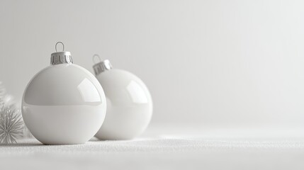 Minimalist Christmas decor featuring two elegant white baubles in a serene setting ideal for holiday-themed designs and promotions