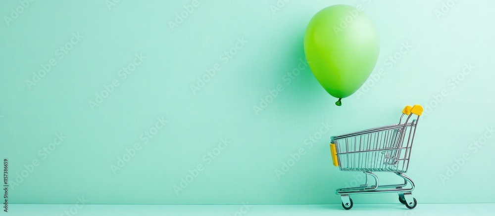 Poster green balloon floating above mini shopping cart on soft green background with empty space for creati