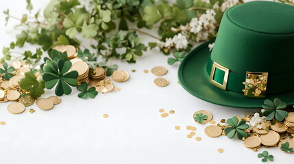 A leprechaun green hat lying on a table alongside a shamrocks and gold coins, St. Patrick Day vibe, layout with copy space