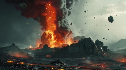 Volcanic eruption sending lava and thick black smoke into the air.
