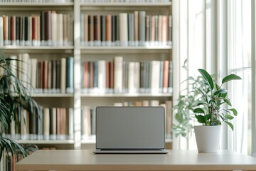 Freedom and Focus. Keys to Remote Work Success. A modern workspace featuring a laptop on a wooden table, surrounded by bookshelves and a potted plant, creating a tranquil study atmosphere.