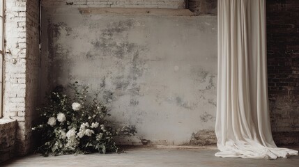 Neutral gray minimalist brick wall backdrop with flowing drapery and floral arrangement for elegant photography settings