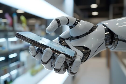 A robot is holding a cell phone in its hand