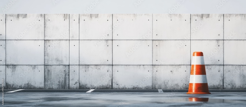 Poster minimalist construction zone with concrete wall and traffic cone featuring open space for text and d