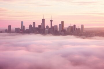 Fototapeta premium Foggy city skyline silhouette in soft pastel pink and blue hues at dawn or dusk, tranquil view