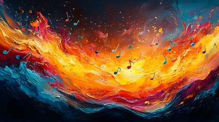 Abstract fiery waves with musical notes floating