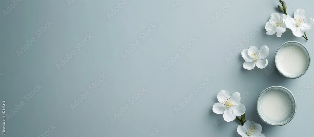 Poster elegant minimalistic layout in ash gray featuring empty space for text with soft white flowers and r