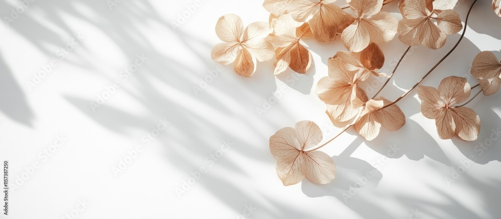 Poster minimalistic dried hydrangea flowers casting shadows on white background ideal for organic branding 