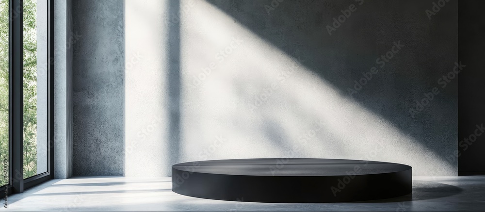 Poster minimalistic interior with black podium natural light from window and ample empty space for text in 