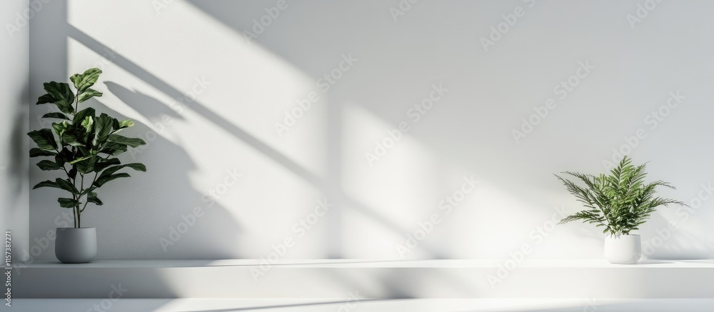 Aufkleber minimalist shadow display on white wall with plant pots and empty space for product showcase or text