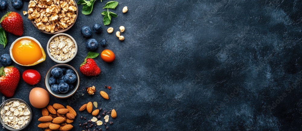Poster protein rich nutritious breakfast layout with assorted ingredients on dark surface and ample empty s