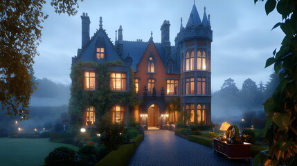 Obraz premium An enchanting Irish castle, surrounded by dense fog and glowing softly under moonlight, ivy climbing the walls and a cobblestone pat