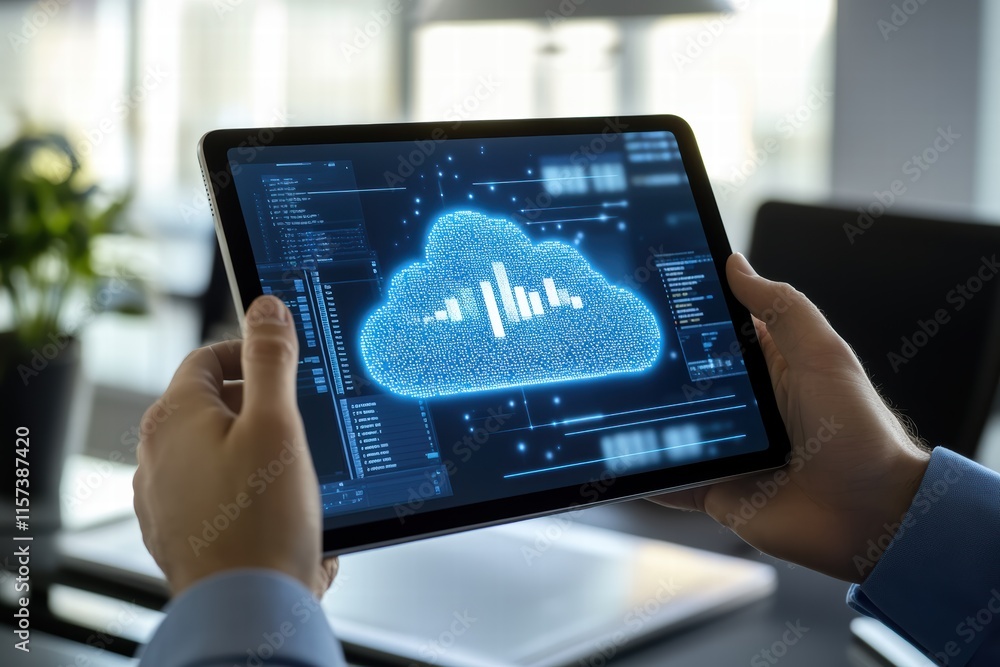 Poster cloud service interface displayed on a tablet in a modern office setting during daylight hours